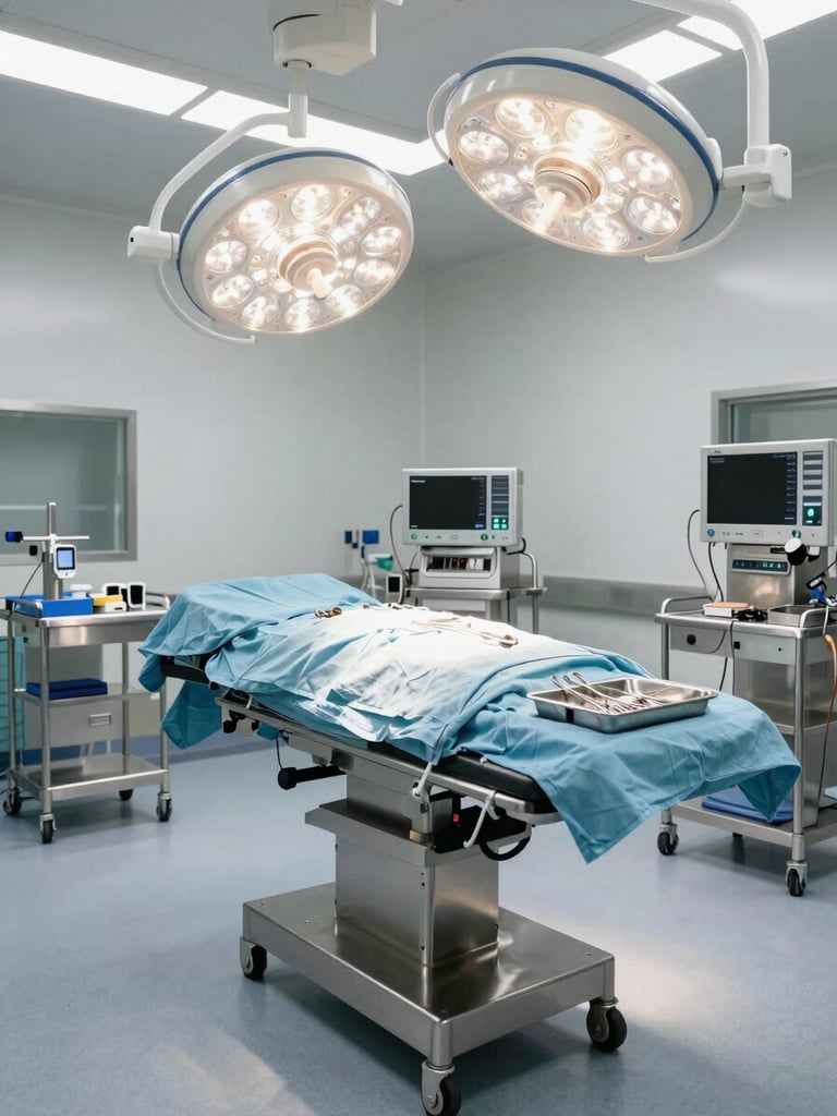 Wide shot of a hospital operating theater from the side, surgical instrument trays and overhead LED lighting in sharp focus, sterile stainless steel equipment arranged precisely on trolleys, clinical white walls and tiled floor, no people, daylight-bright overhead illumination