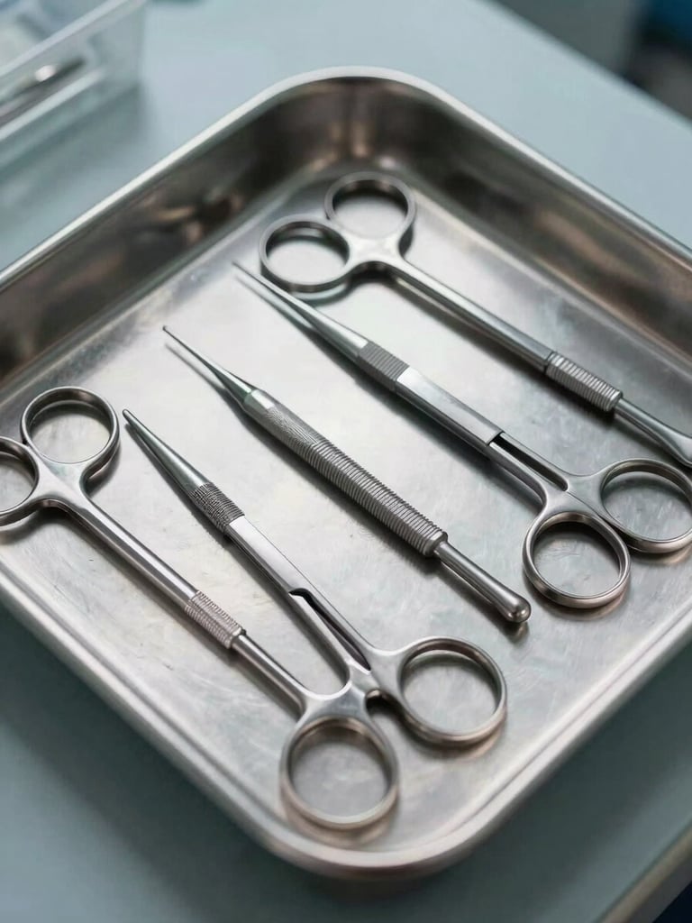 Close-up overhead view of stainless steel surgical instruments laid out on a clinic tray, clinical overhead lighting, sharp focus on instrument detail, sterile institutional context