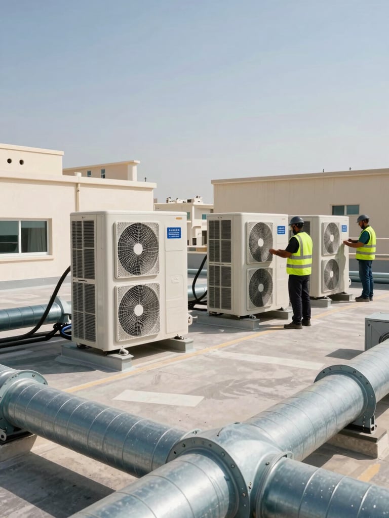 Wide shot of commercial HVAC units mounted on a hospital rooftop in Doha, technicians in hi-vis vests performing installation work, midday daylight casting clean shadows, industrial ducting visible in foreground