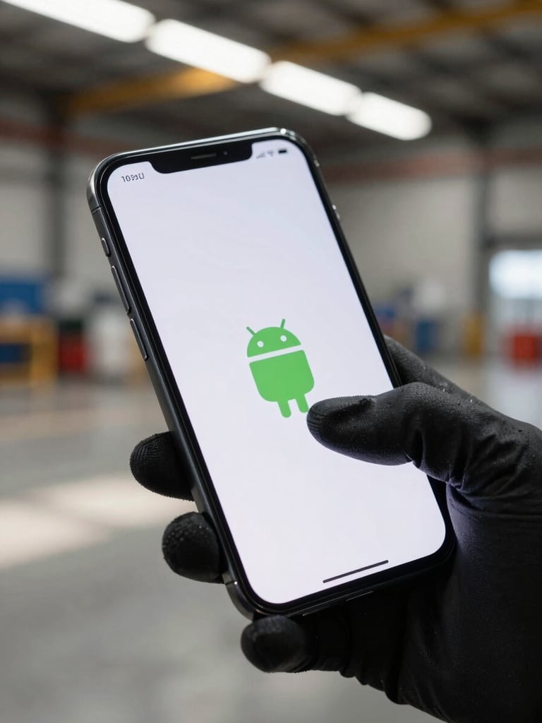 Extreme close-up of a gloved thumb swiping an Android phone screen, device held in one hand at a loading dock bay, harsh overhead fluorescent warehouse lighting casting strong shadows across the glass, concrete floor visible in the background out of focus