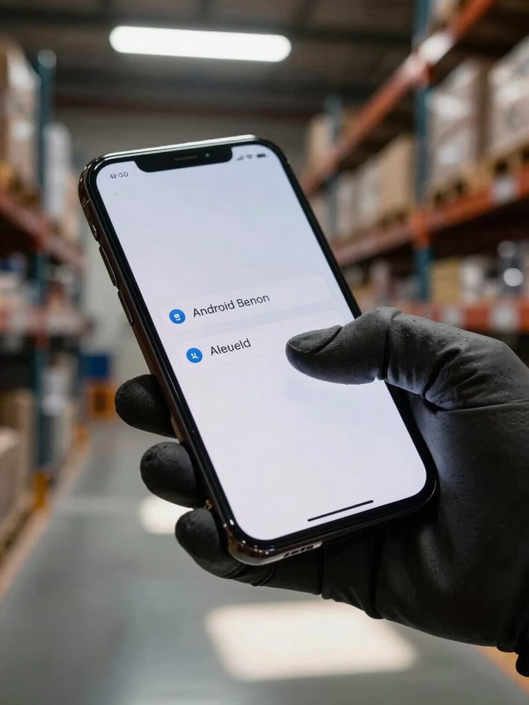 Extreme close-up of a thumb swiping an Android phone screen, device held in a gloved hand inside a warehouse, fluorescent overhead lighting casting hard shadows across the glass surface, shelving units blurred in the background, gritty industrial atmosphere
