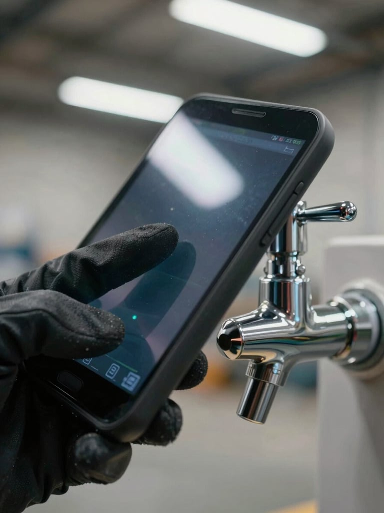 Extreme close-up of a gloved thumb pressing a large tap target on an Android screen, fluorescent warehouse light reflecting off the glass at an angle, the device held at a slight tilt in one hand, concrete floor blurred in the background