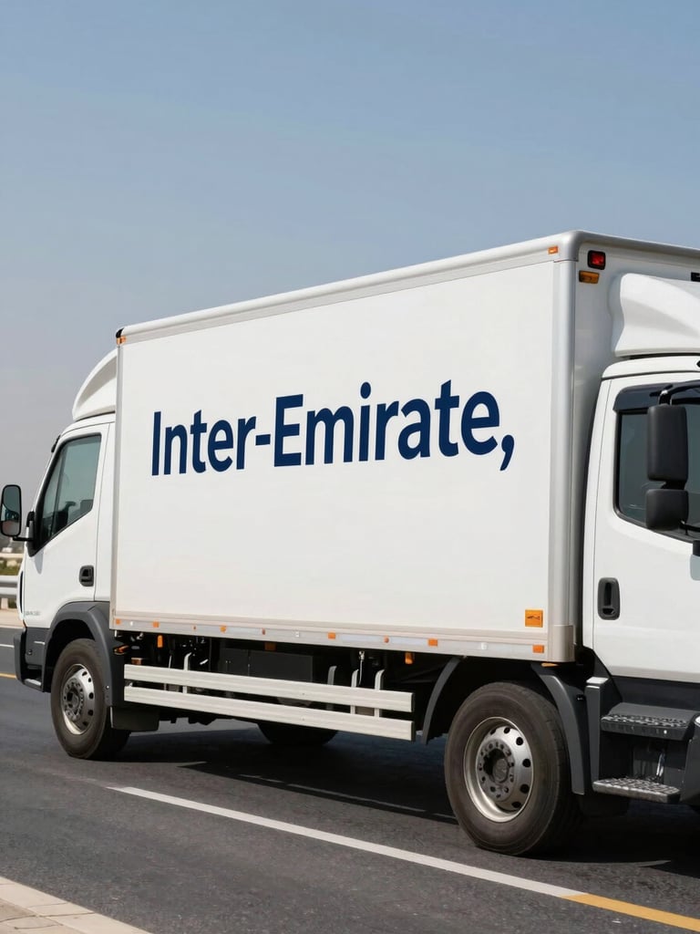 A clean, white moving truck with professional navy branding parked on a bright UAE highway under clear daylight, representing inter-emirate transit.