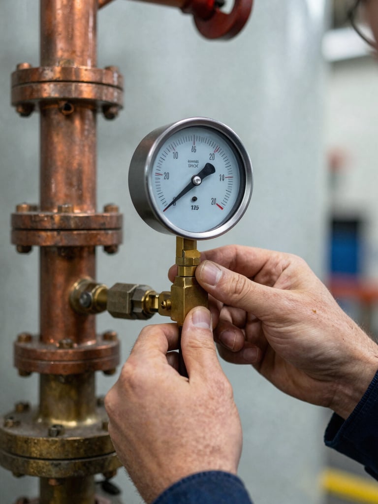 Close-up of a technician's hands adjusting a brass pressure gauge on an industrial boiler, task lighting illuminating the gauge face and copper fittings, mechanical room wall visible behind