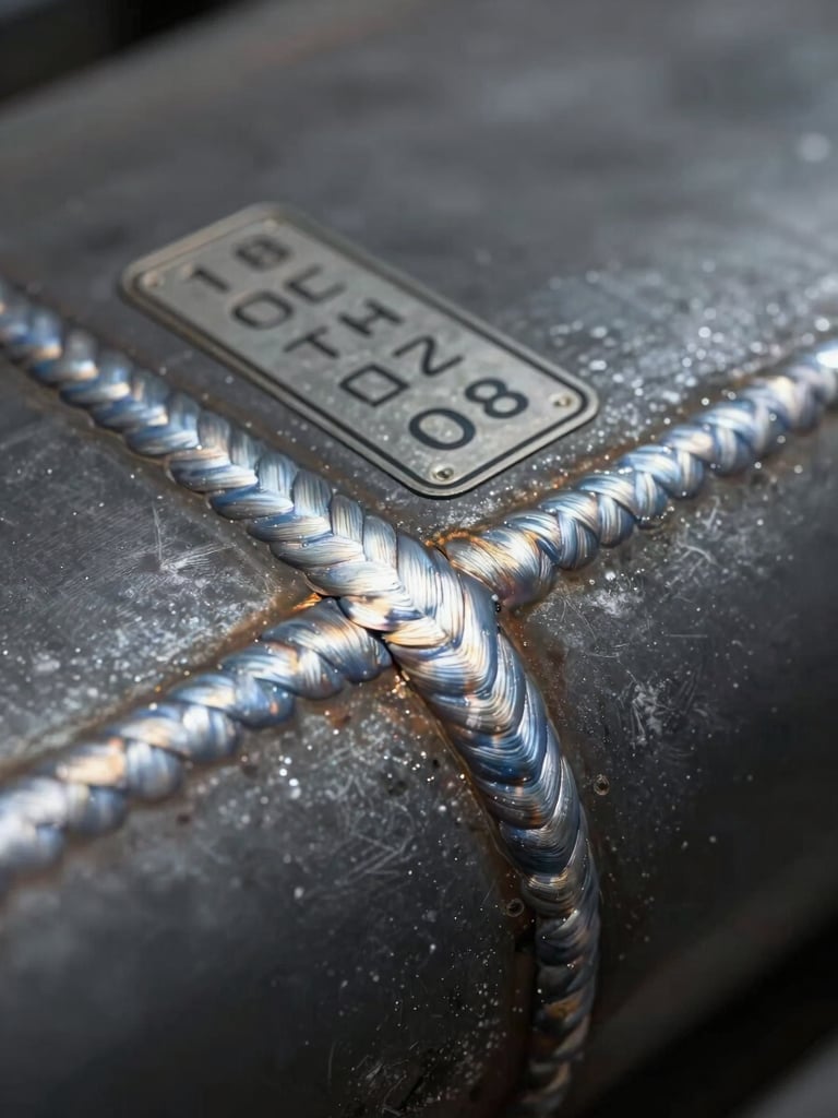 Extreme close-up of a boiler weld seam and serial identification plate on heavy steel plate, sharp task lighting revealing weld bead texture and stamped numbers, dark gray steel background with visible surface scale