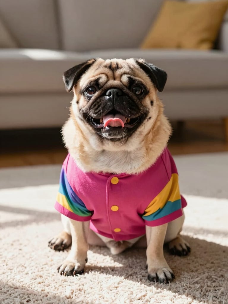 A happy pug wearing a colorful custom magenta shirt, sitting on a sunlit rug in a cozy living room, looking up with tongue out