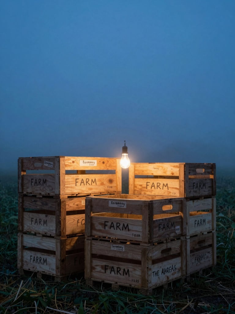 Wide shot of wooden crates labeled with farm names stacked at the edge of a field in pre-dawn blue light, a single bare work bulb illuminating handwritten tags, fog low on the ground behind them
