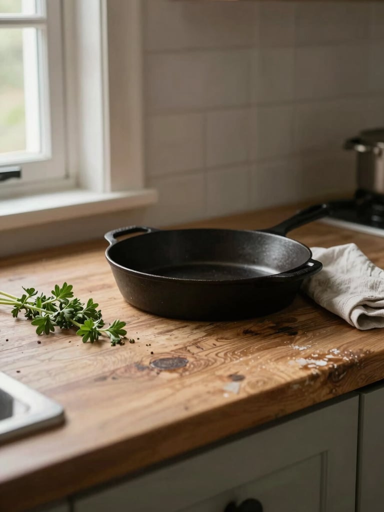 Close-in view of a worn wooden kitchen counter at rest — a single cast-iron pan, a handful of herbs, and a cloth beside it, lit by north-facing window light from the left, no people, quiet pre-service stillness