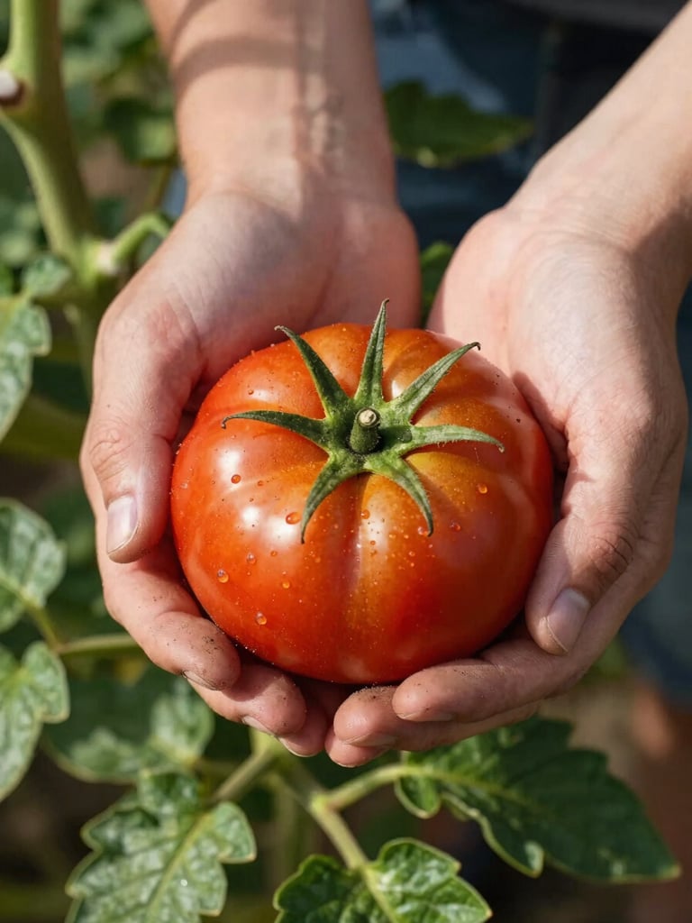 Hands cradling a ripe tomato still on the vine in early morning north-facing light, fingers showing soil and wear, green leaves framing the fruit, shallow depth of field, no studio lighting
