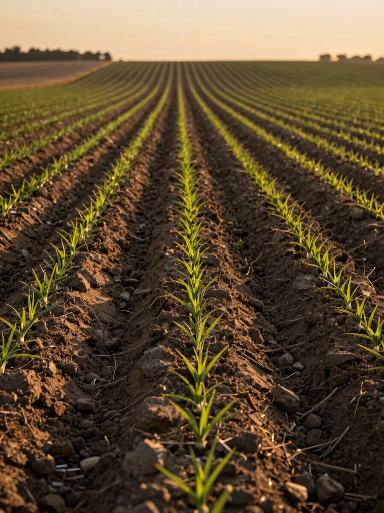 Close-up wide shot of neat crop rows at golden hour, soil furrows catching long raking light, green seedling tips emerging in precise lines, no people, shot from low angle looking down the row toward a soft warm horizon