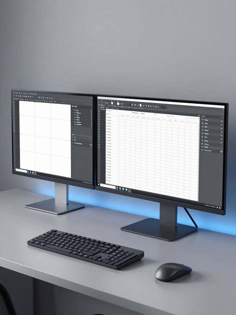 A clean minimalist tech studio desk with dual monitors displaying structured design grids and text editor, cool slate-gray tones, crisp blue backlighting, sharp focus, 50mm lens