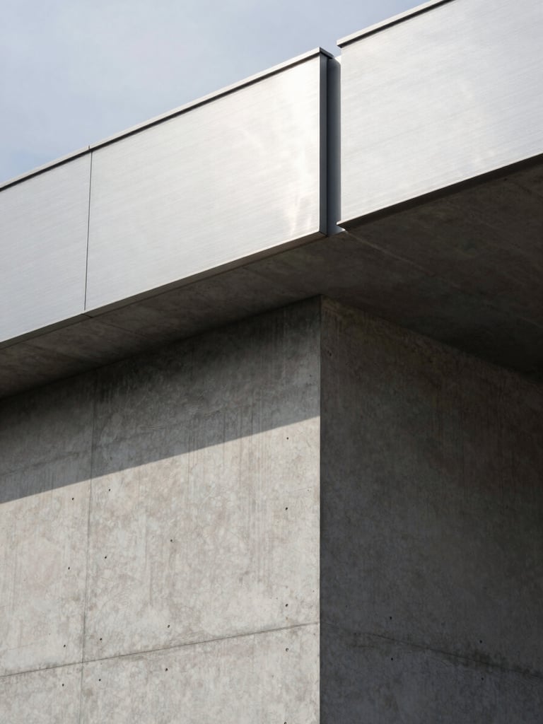 Extreme close-up of a brushed steel and reinforced concrete building facade, sharp architectural shadows, overcast daylight, minimalist structural geometry.
