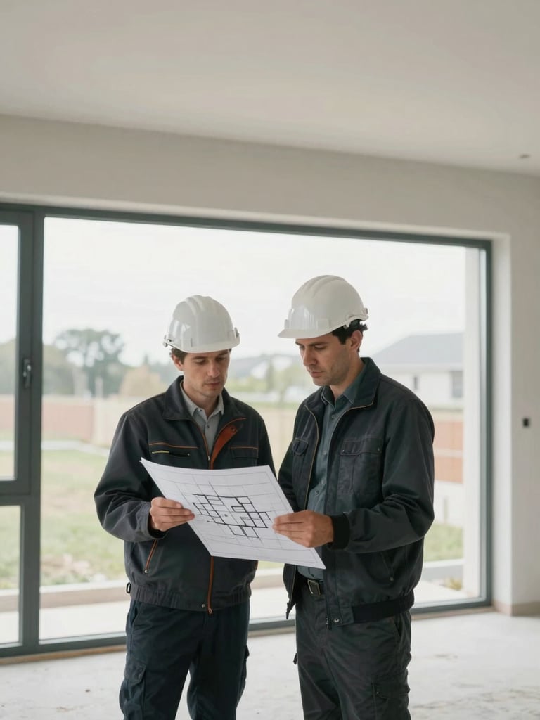 A professional site manager reviewing architectural plans on a tablet inside a bright, newly constructed home extension, soft overcast daylight