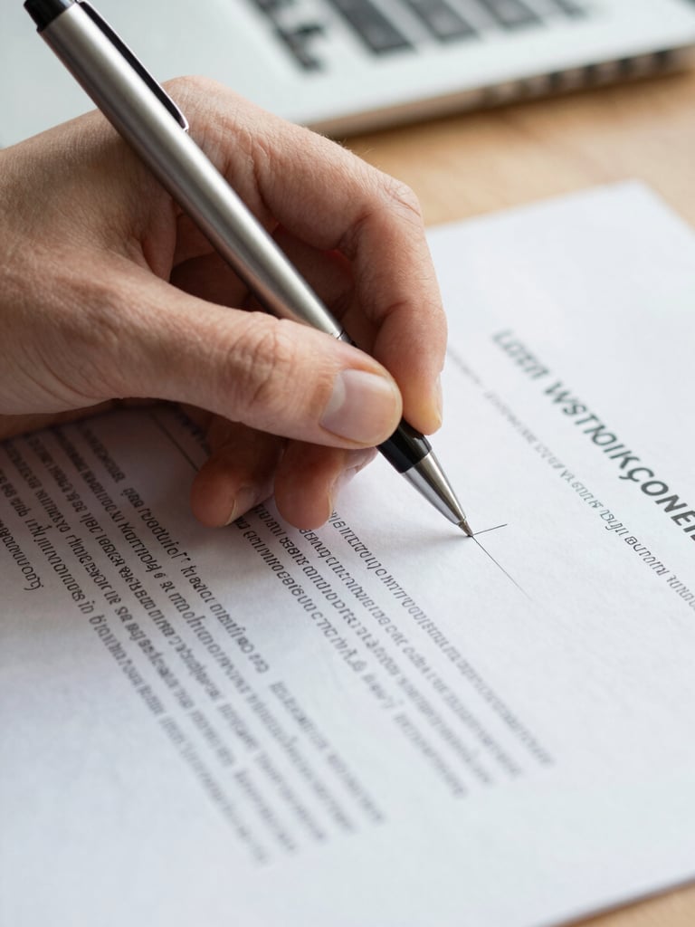 Extreme close-up of a translator's hand holding a pen, tip resting on a printed German-Polish contract, annotations visible in the margin, soft even north-facing daylight, organized desk surface out of focus in the background