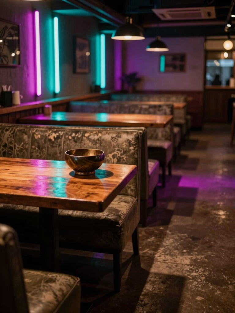 Close wide-angle interior of a dim kava lounge at night — neon cyan and magenta tubes reflect off worn wooden countertops and aged fabric booth seating, a tanoa kava bowl centered on the bar, empty stools casting long shadows, moody tungsten light pooling on the floor, no people, atmospheric and still
