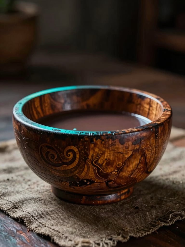 Close-up portrait frame: a weathered wooden tanoa bowl filled with kava on a worn fabric surface, moody tungsten light from the left, cyan neon rim-light catching the rim of the bowl, deep shadow in the background, texture of aged wood prominent