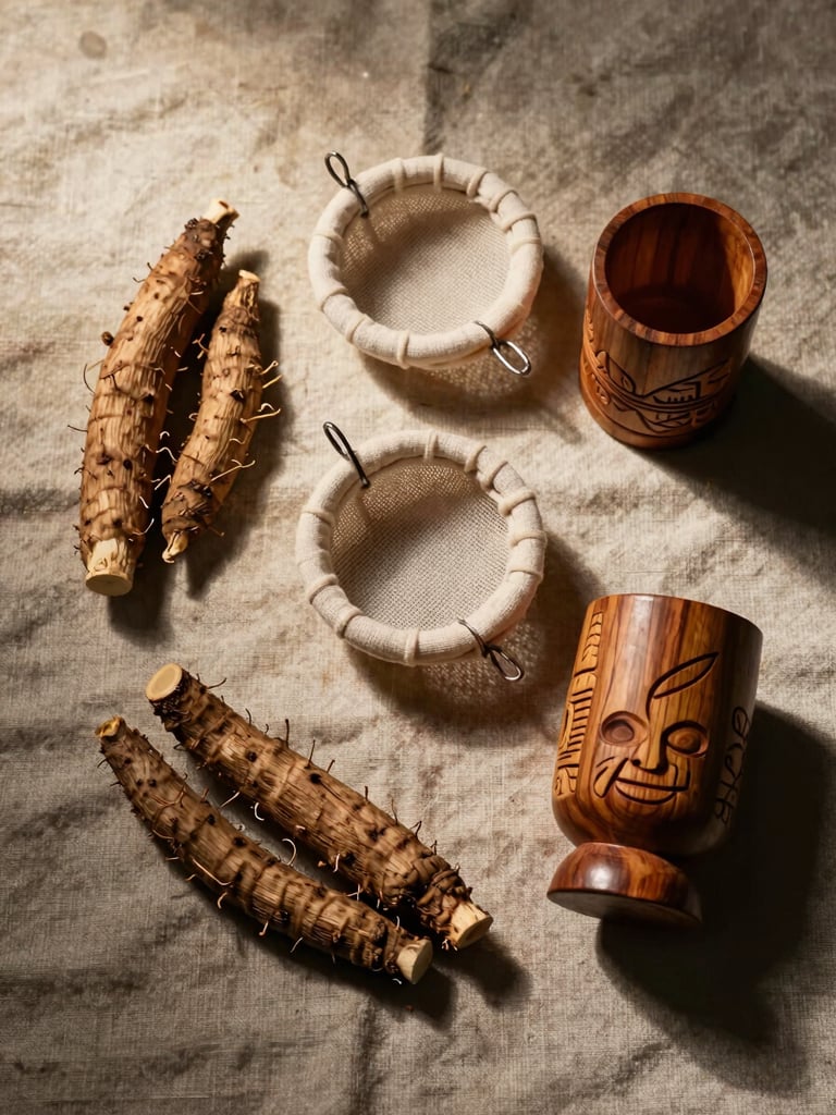 Overhead flat-lay of kava preparation ritual — dried kava root, cloth strainer, and carved wooden cup arranged on aged fabric, lit by warm tungsten light from the upper left, deep shadow in the lower right corner