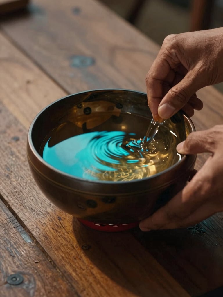 Wide cinematic shot of a traditional kava tanoa bowl on worn wooden planks, neon cyan light reflecting off the dark liquid surface, a pair of hands just entering frame from the right, deep shadows and tungsten-warm ambient glow, close environmental detail emphasizing texture of bowl and grain