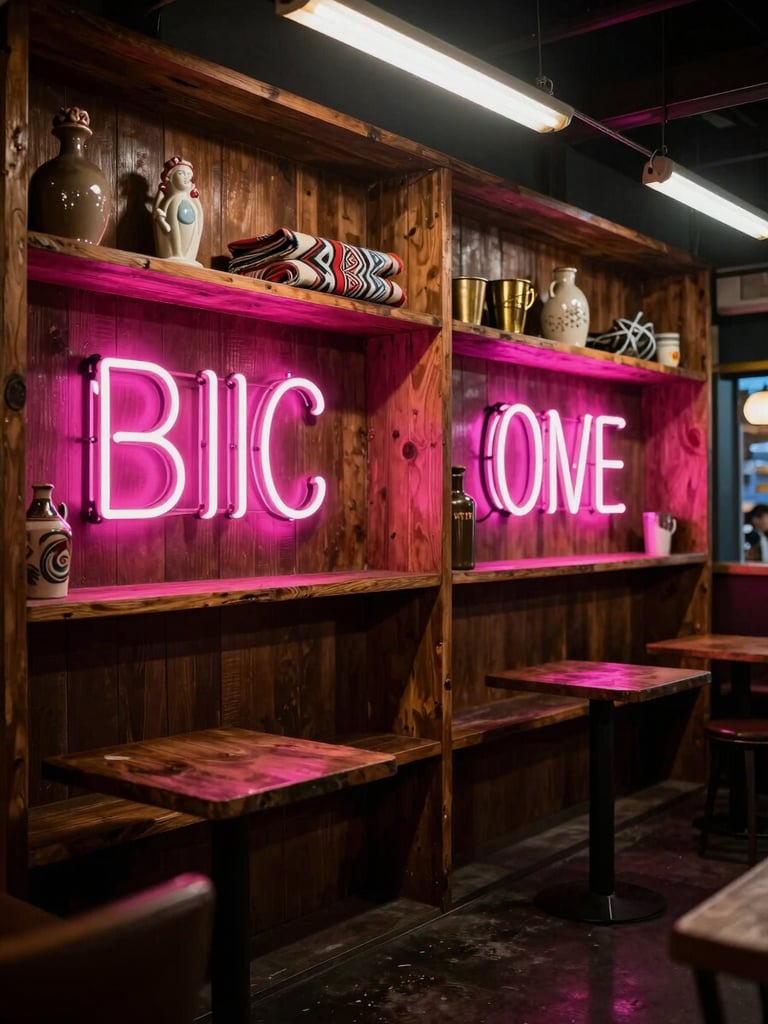 Wide environmental shot of a dimly lit lounge interior, neon magenta signage reflected on worn wooden shelves holding thrift objects — a ceramic figurine, a folded textile with Pacific geometric patterns, a brass cup — tungsten overhead light, deep shadow pooling on the floor, no people present