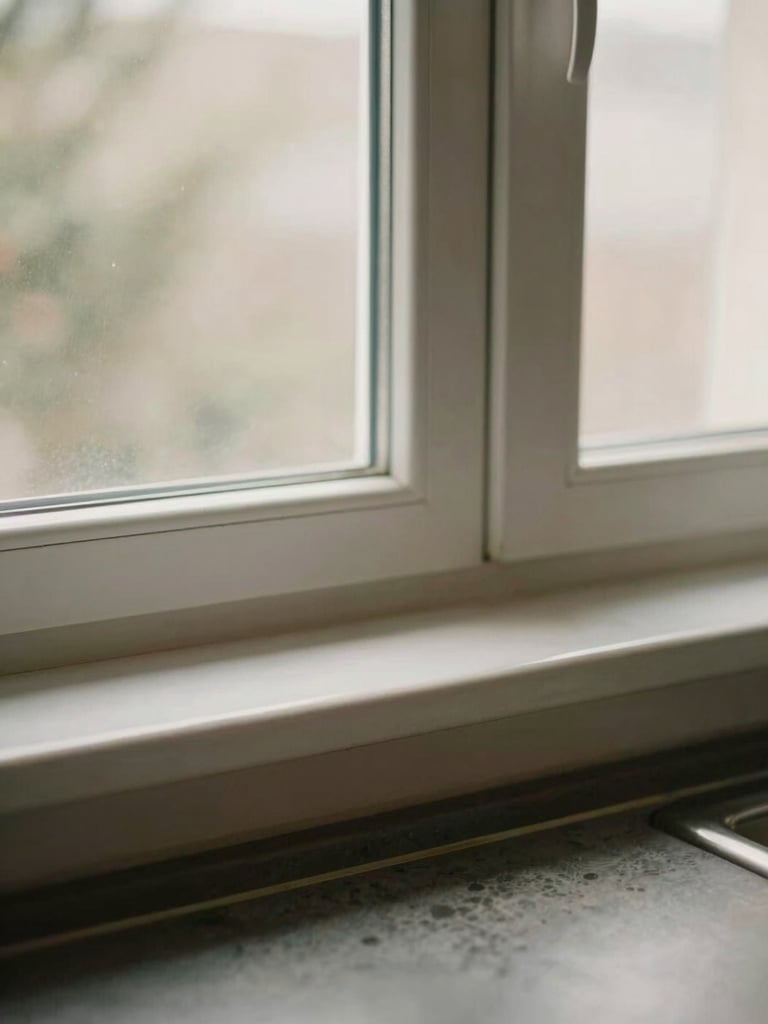 Close-up of a clean kitchen windowsill in morning light, orderly countertop edge visible below, soft natural daylight from the right, muted warm tones