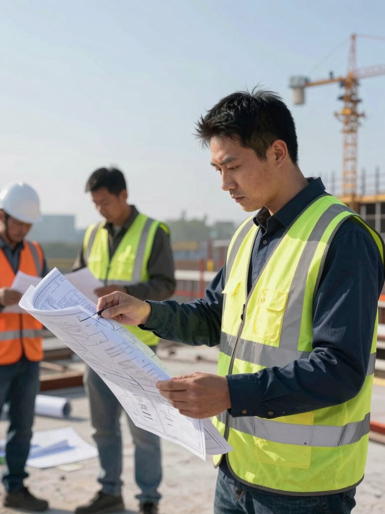 Team member in high-visibility vest examining large blueprints on a construction site, focused expression, active work in background, crisp daylight.
