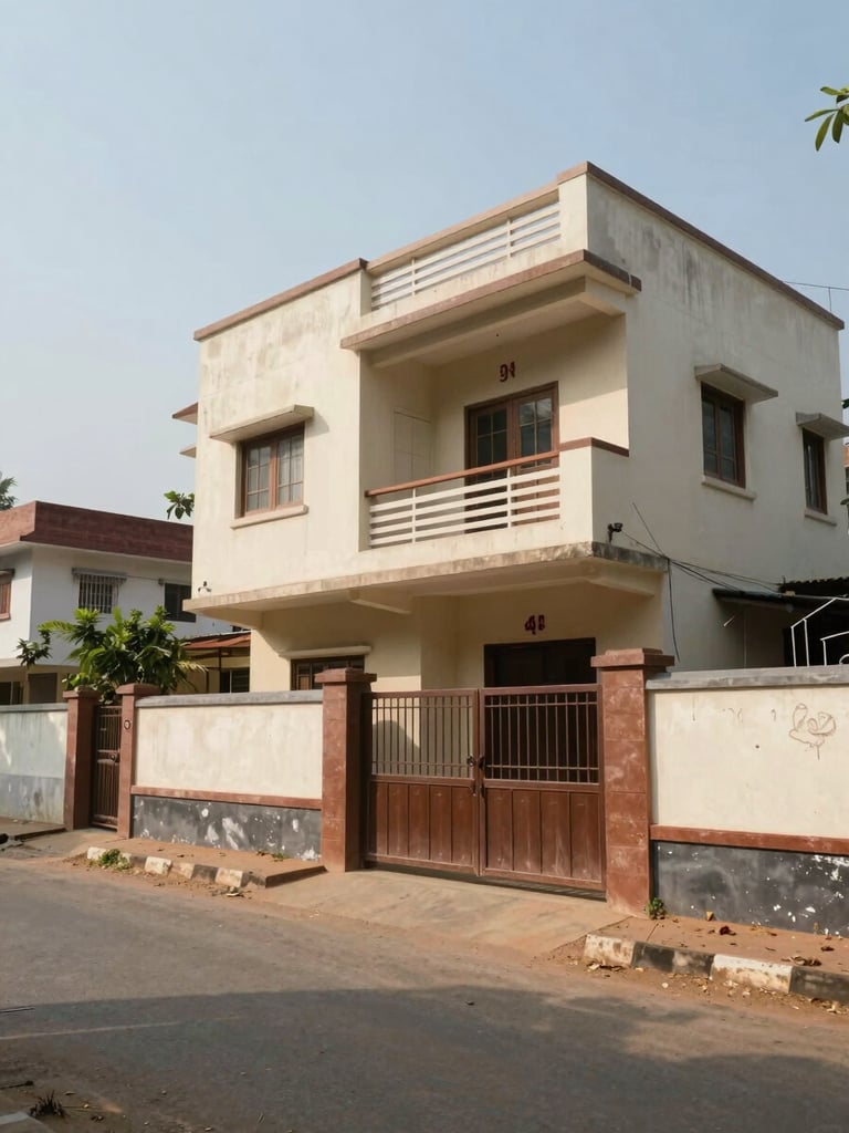 Wide street-level view of a two-storey residential building in Andhra Pradesh, natural daylight, neutral render exterior with open gate, quiet residential lane visible to the left, clear sky above