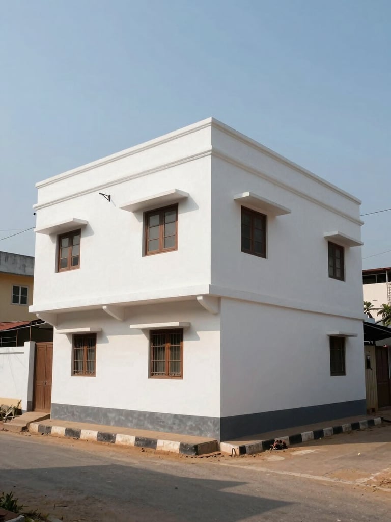 Wide corner view of a two-storey residential building in Andhra Pradesh under bright midday light, whitewashed walls, street-level framing with a quiet lane in the foreground