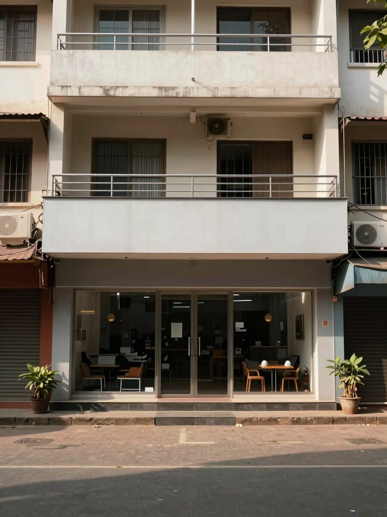 Ground-floor commercial storefront in a mid-rise building, Andhra Pradesh street context, natural daylight, neutral facade, wide environmental framing with pavement detail