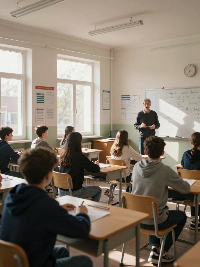 Wide shot of a Georgian classroom during a lesson: a teacher standing at the board explaining a concept to students seated at desks, natural daylight streaming through tall windows, teaching materials and student work visible on the walls, focus on the instructional moment and the institutional environment, morning light casting soft shadows.