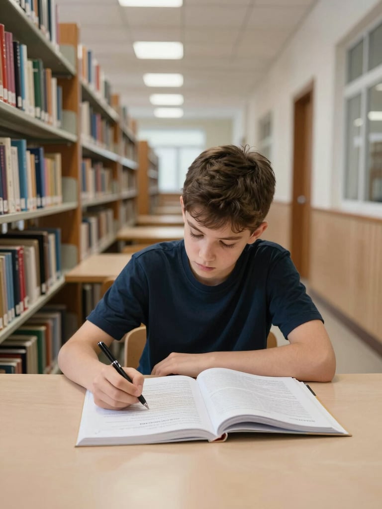 Wide environmental shot of a Georgian school library corridor, a student seated at a table with open language workbooks and a pen in hand, natural overhead daylight, shelves of books receding behind, quiet and focused atmosphere