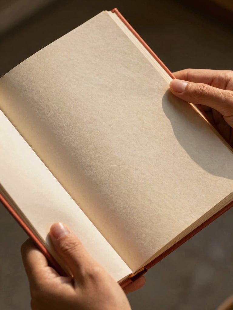 Close-up of hands holding a newly printed book with a textured terracotta cover, soft natural golden-hour light illuminating the paper grain.