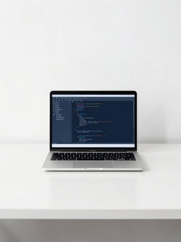 Minimalist workspace with a laptop showing clean code, bright neutral studio lighting, sharp focus, 35mm