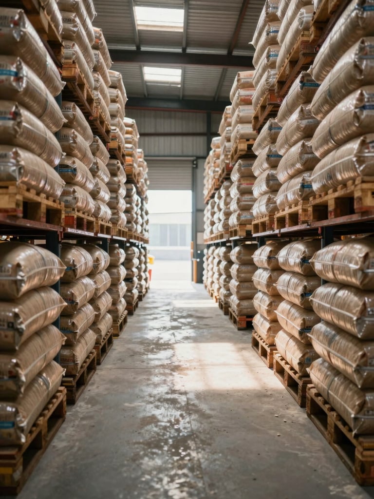 Wide shot looking down a warehouse aisle, pallets of bagged raw commodities stacked floor-to-ceiling on both sides, strong directional natural light entering from the far end, concrete floor, dust visible in shafts of light, industrial documentary framing