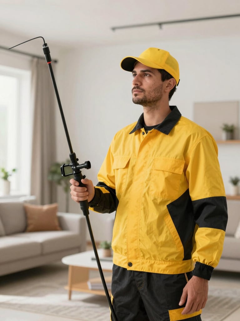 Professional Kuwaiti pest control technician in a clean yellow and black uniform, holding a safe spraying device, bright daytime lighting, clean modern home background.
