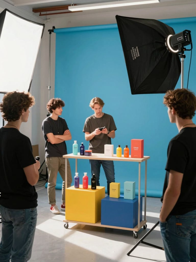 Eye-level shot of a creative team setting up bright studio lighting around a colorful local retail product, vibrant blue background, crisp natural sunlight.