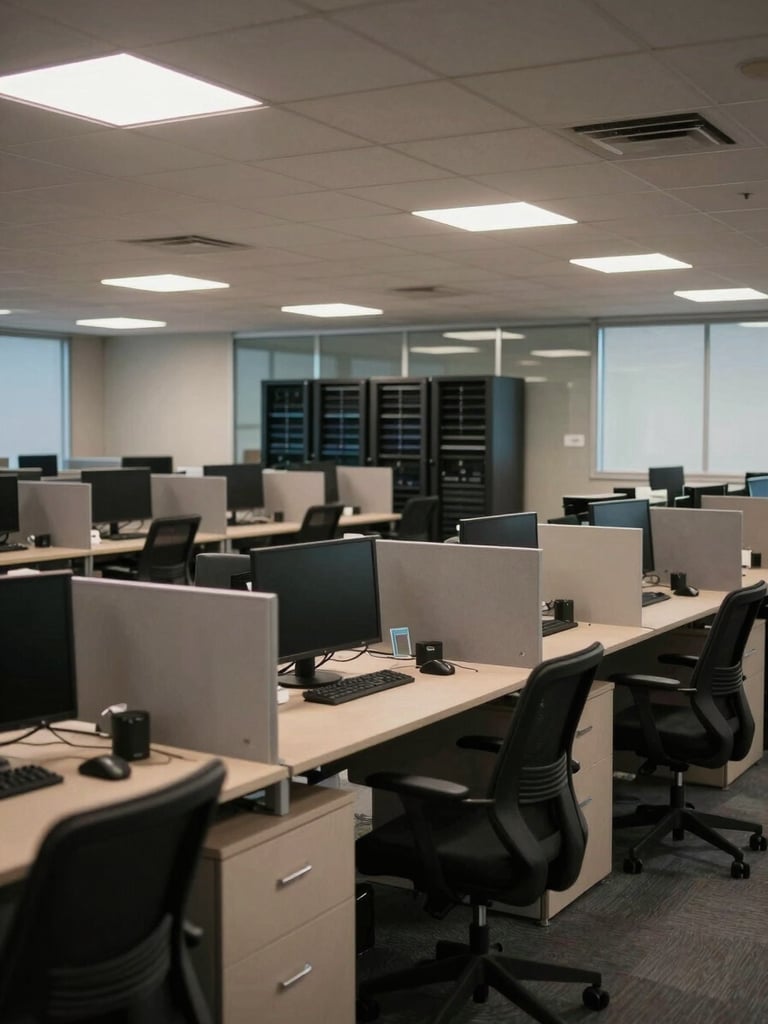 Wide environmental shot of a call center facility after hours, rows of empty ergonomic workstations under uniform ceiling lighting, server rack visible through a glass partition at the back, no people, architectural framing emphasizing operational scale