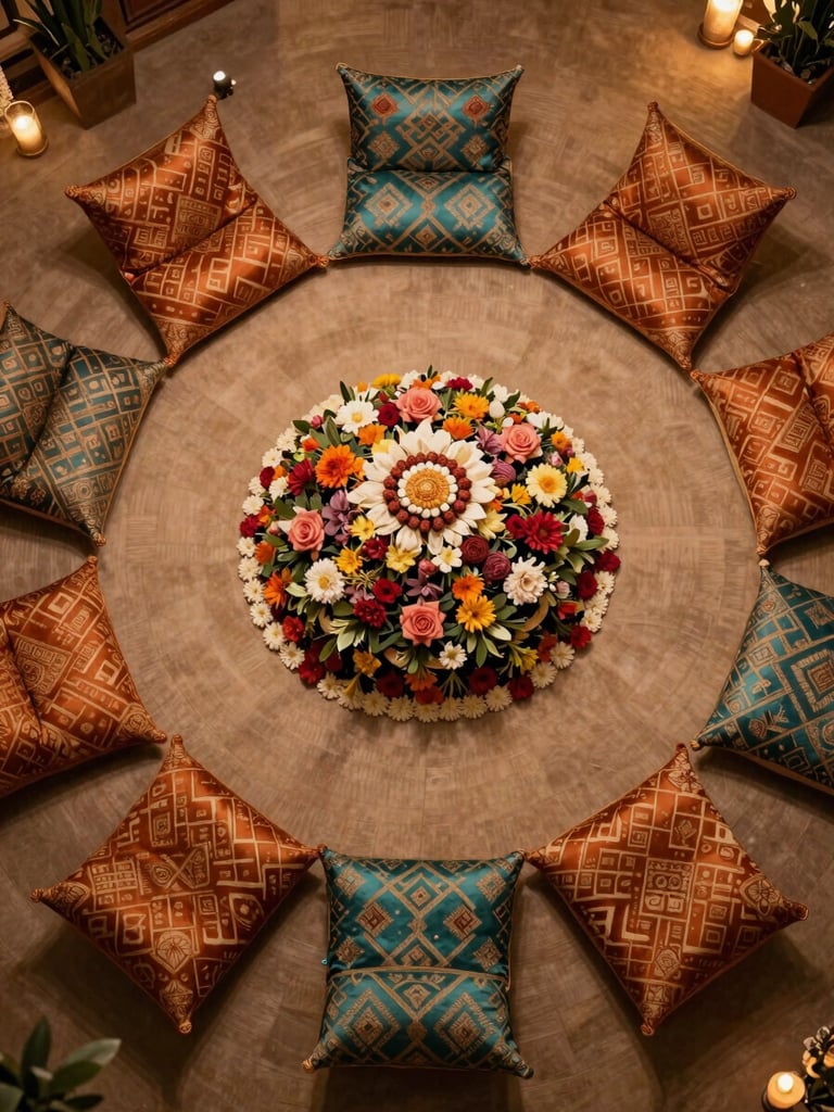 Overhead elevated shot of a round Mehndi seating arrangement — geometric patterned cushions in saffron and teal arranged symmetrically around a central floral installation, warm ambient light revealing the layout and sightlines of the space