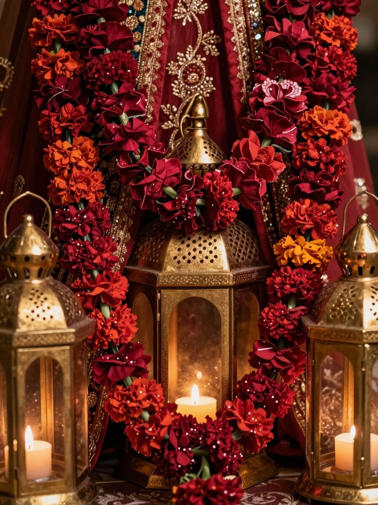 Close-up of layered Mehndi ceremony decor — ruby red marigold garlands draped over gold metallic lanterns, warm candlelight catching the texture of embroidered fabric behind, intimate framing showing the depth of pattern and material layering