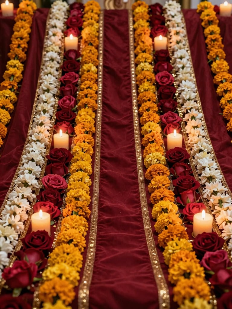 Close-up of a Mehndi stage backdrop — layers of marigold and rose florals woven into deep ruby fabric panels, warm candlelight catching gold metallic thread, shot from a low angle showing the full vertical sweep of the arrangement