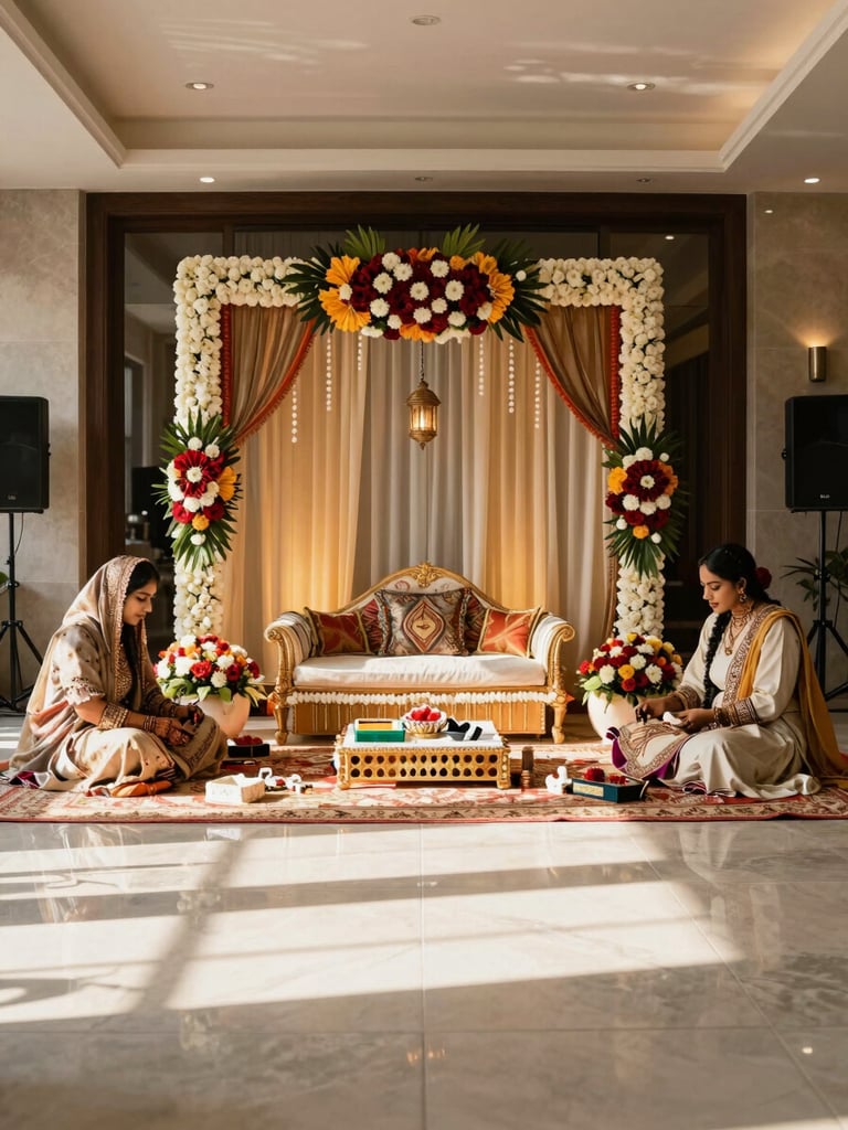 Wide interior shot of a Mehndi ceremony space mid-setup — decorators arranging layered floral elements against a warm-lit backdrop, the room's geometry visible through the arrangement process, natural daylight streaming from one side
