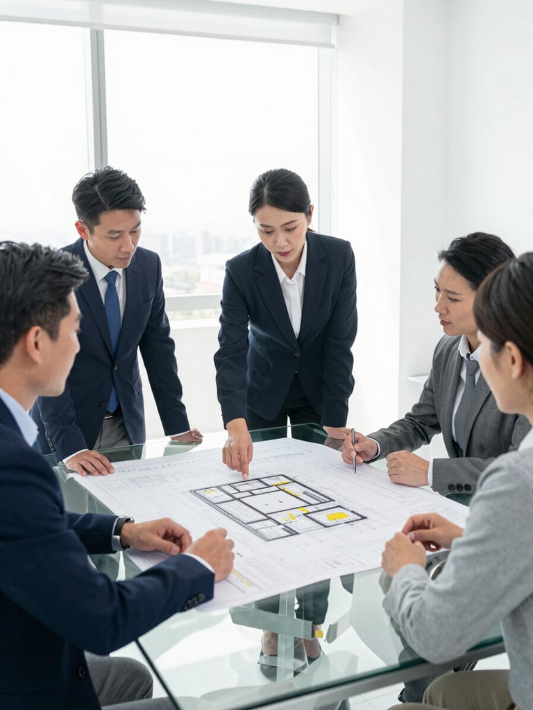 A bright, clean corporate office meeting room, professional advisors examining architectural blueprints of a modern commercial retail layout on a glass table, 35mm lens, sharp focus