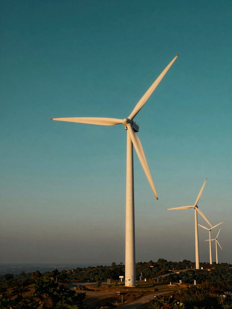 Wide environmental shot of wind turbines spinning slowly on a ridge in South India, warm golden-hour light, clean geometric lines