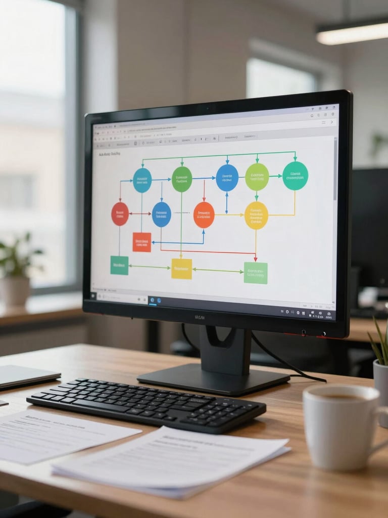 Environmental shot looking across an open-plan office desk toward a large monitor displaying a workflow diagram with colored nodes and arrows, natural window light from the left, papers and a coffee mug in the foreground, shallow depth of field