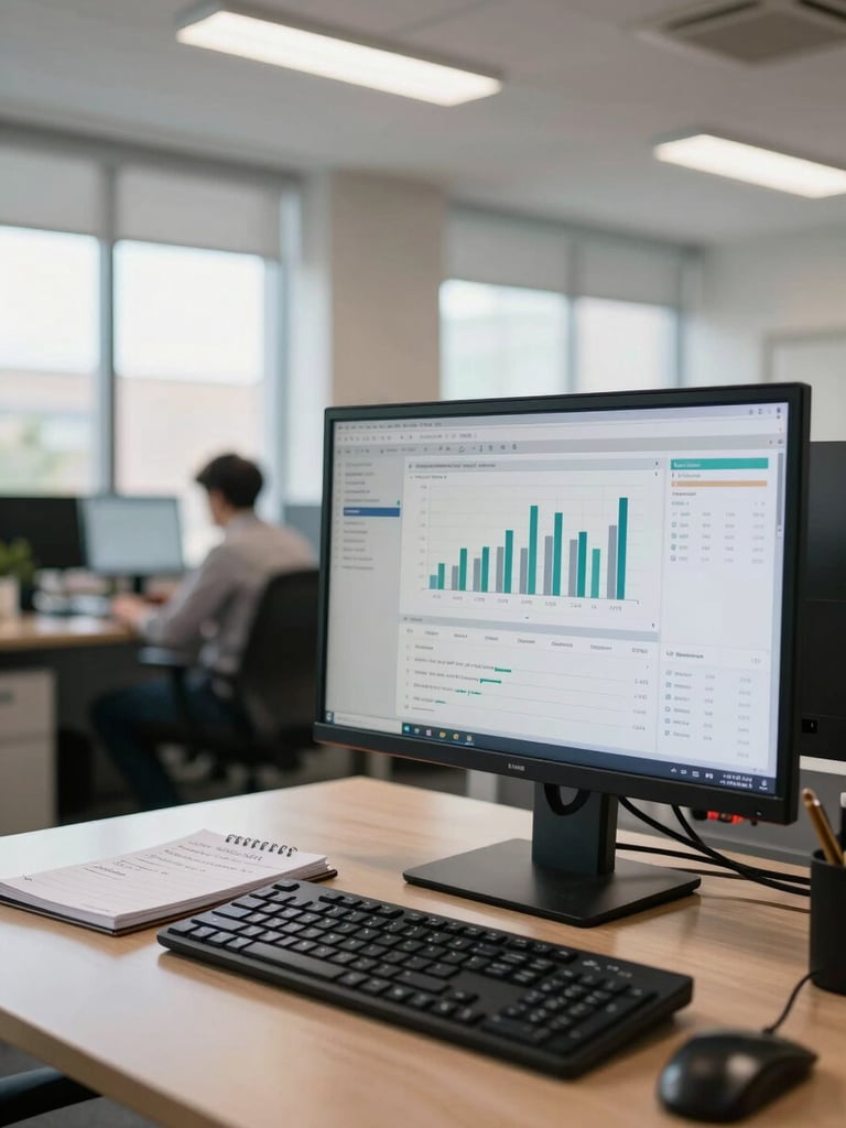 Environmental shot looking across a mid-size company open-plan office in natural window light, a monitor in the foreground showing a data dashboard with charts and metrics, a notepad with handwritten notes beside the keyboard, soft office fluorescent overhead, the desk and screen in sharp focus while the background workspace recedes gently