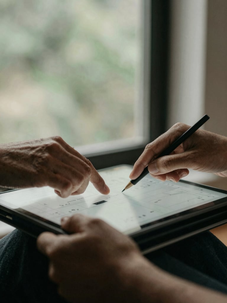 Medium close-up of hands collaborating on a digital planning board on a tablet, soft natural window light, abstract botanical texture in the background, muted earthy tones, 35mm