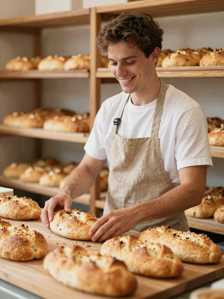 A smiling young baker in a simple linen apron arranging freshly baked golden focaccia on wooden shelves in a bright, warm bakery, shallow depth of field.