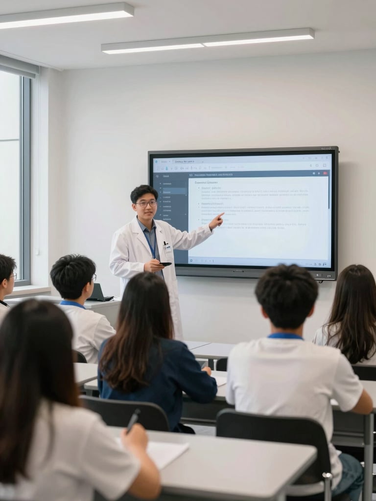 A software researcher demonstrating an open-source educational interface to students in a modern, brightly lit classroom, documentary photography, 35mm lens.