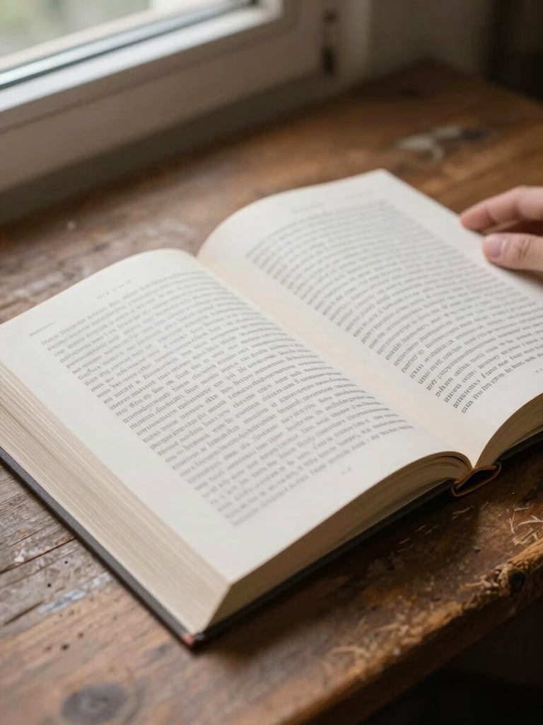 Close documentary shot of an open book on a worn wooden desk, pages slightly curved, north-facing window light falling across the text at a low angle, a single hand resting at the edge of the page, calm and still, no props, no decoration