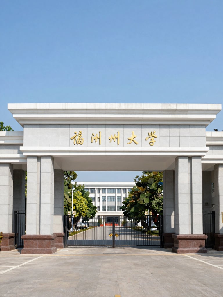 Architectural landmark of Foshan University campus, classic academic gate under bright natural daylight, clean editorial style