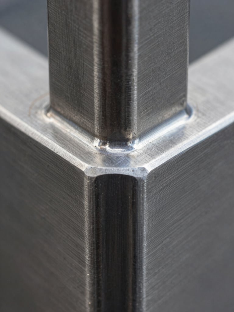 Macro detail shot of a clean, perfect TIG weld on a stainless steel corner joint, high-contrast cool industrial lighting, brushed steel texture, 50mm.